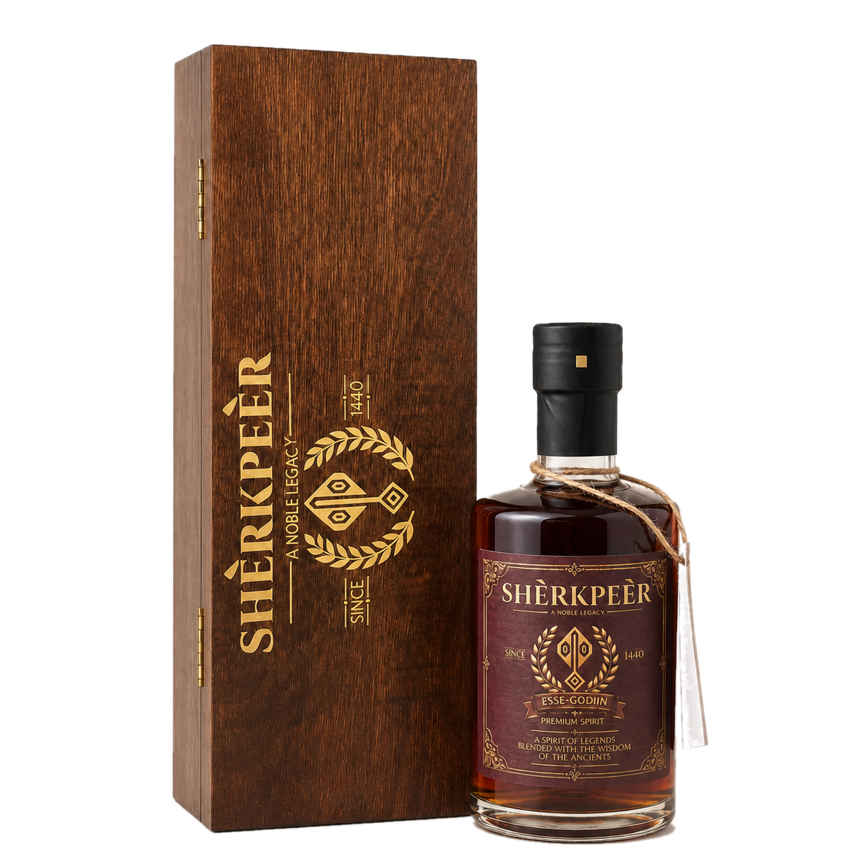Sherkpeer bottle beside its crafted wooden presentation case